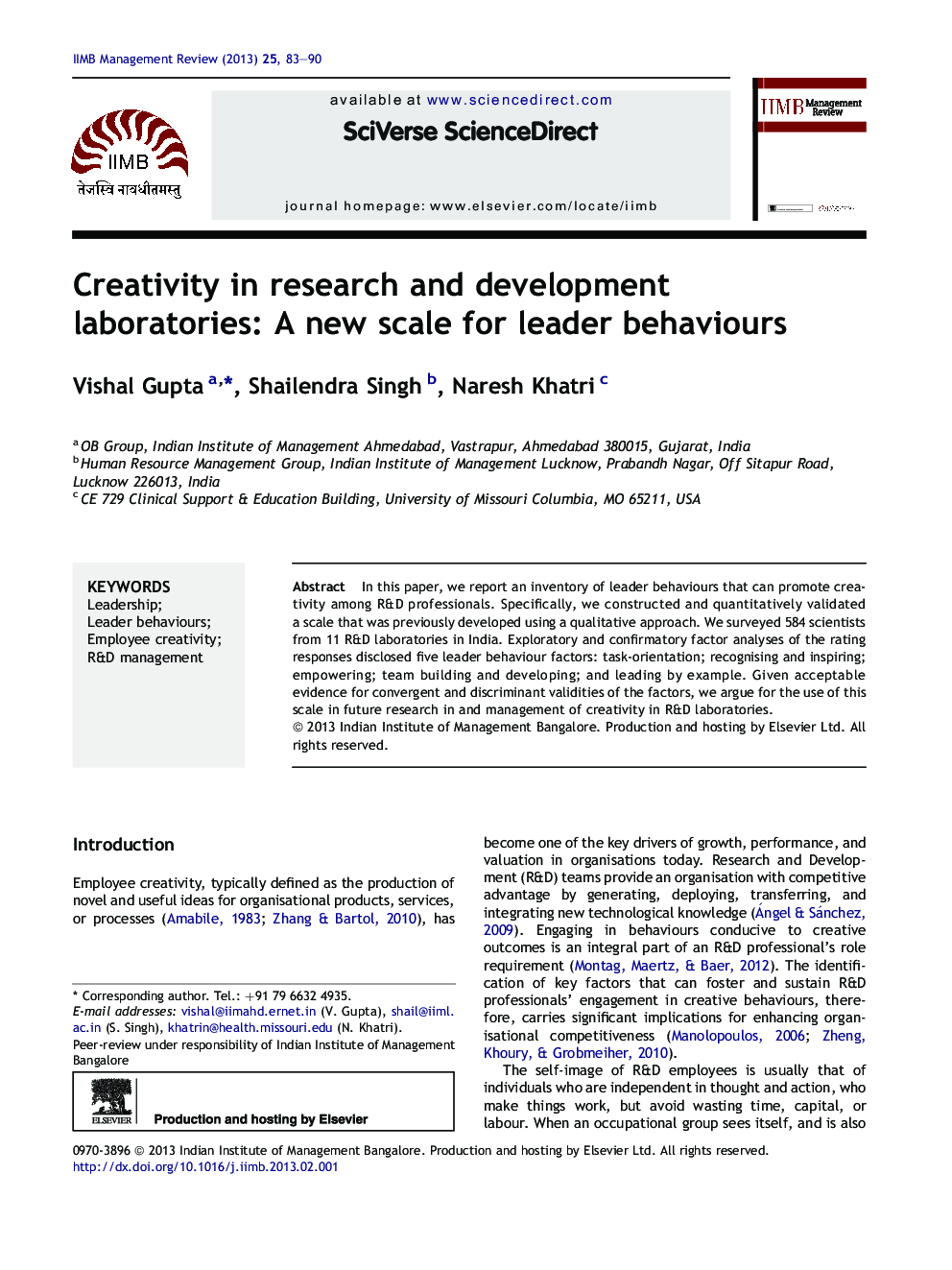 Creativity in research and development laboratories: A new scale for leader behaviours 