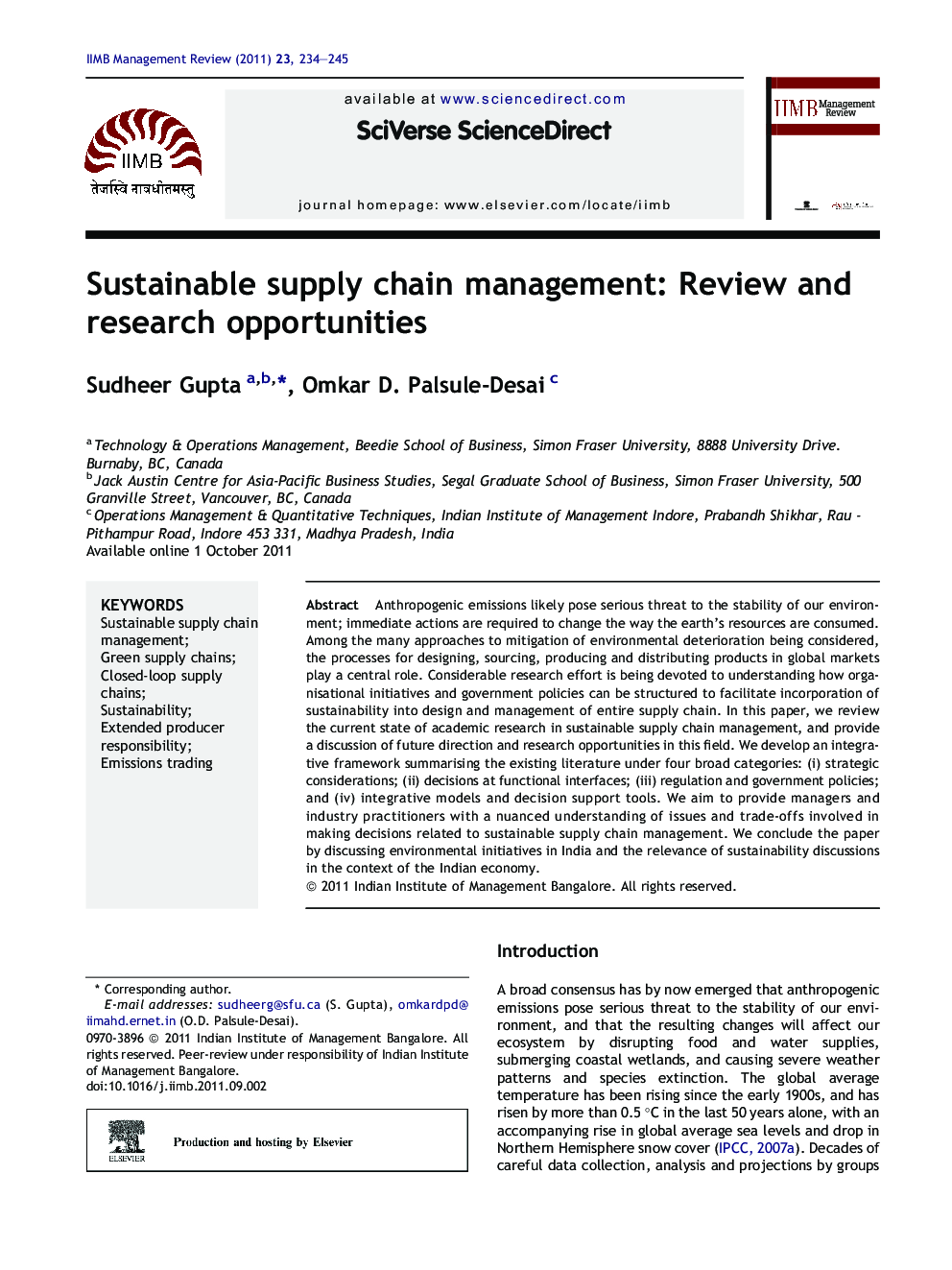 Sustainable supply chain management: Review and research opportunities