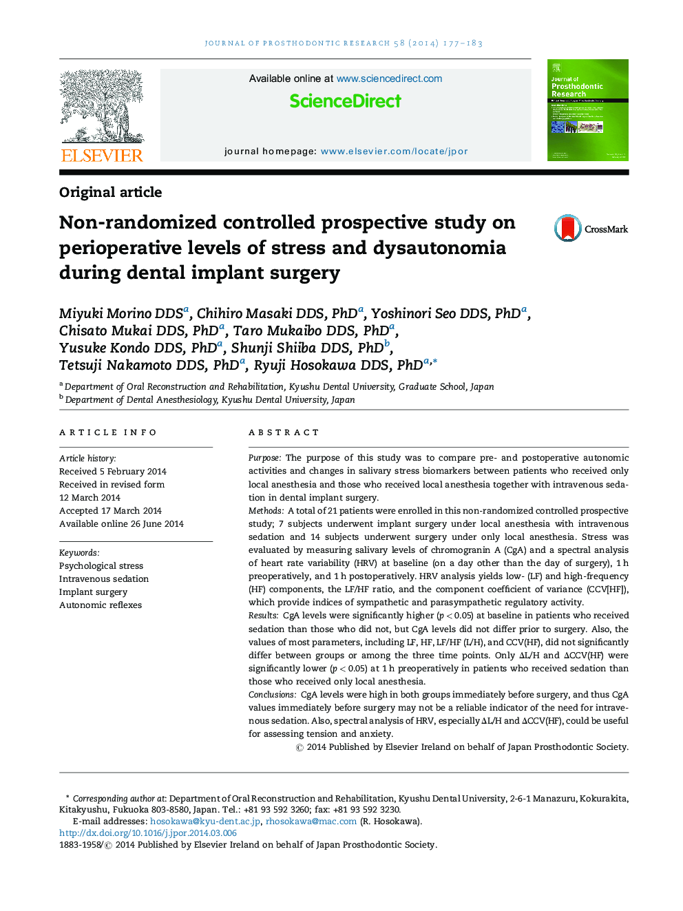 Non-randomized controlled prospective study on perioperative levels of stress and dysautonomia during dental implant surgery