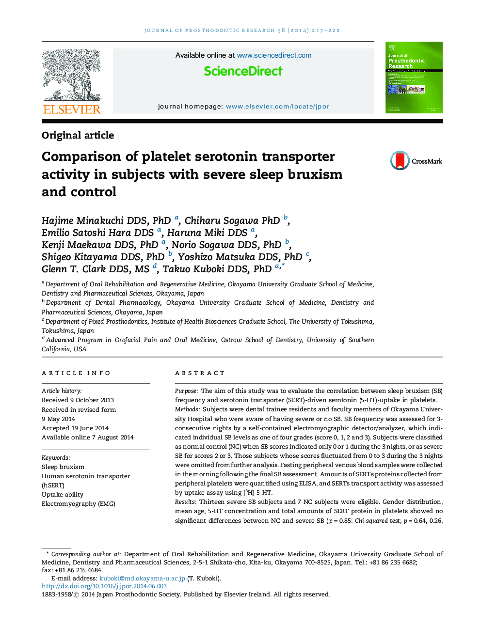 Comparison of platelet serotonin transporter activity in subjects with severe sleep bruxism and control