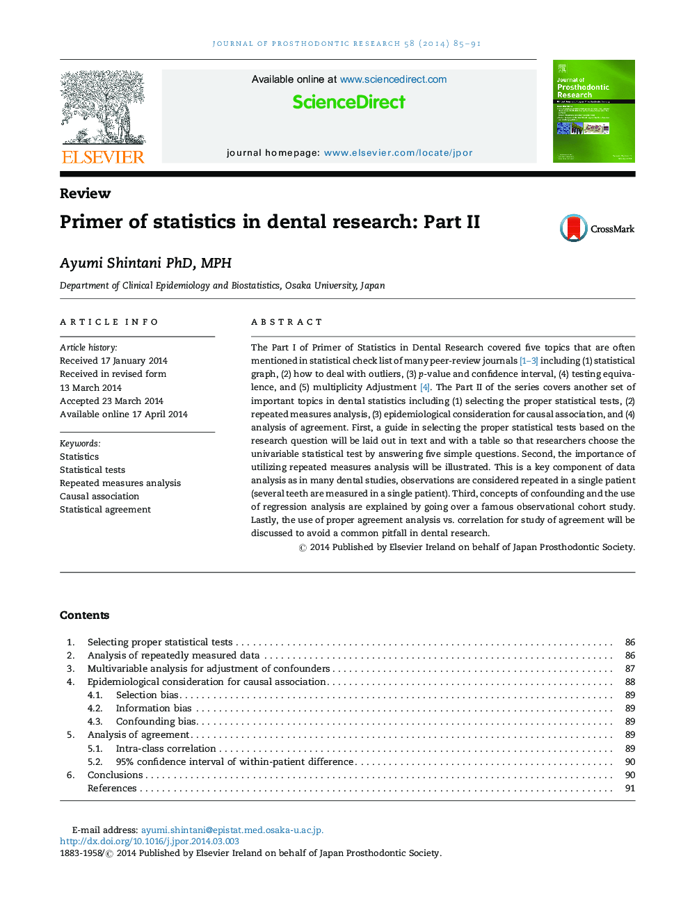 Primer of statistics in dental research: Part II