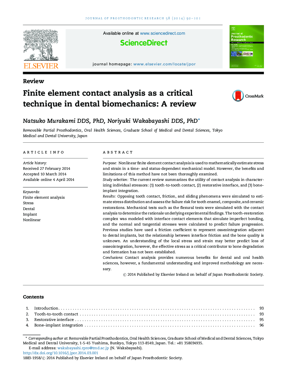 Finite element contact analysis as a critical technique in dental biomechanics: A review