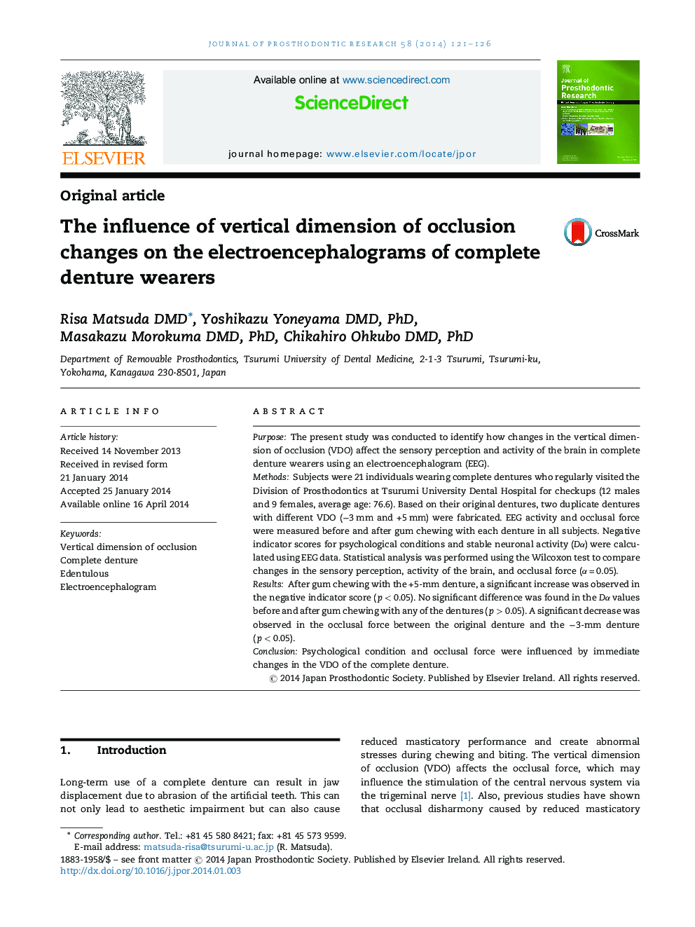 The influence of vertical dimension of occlusion changes on the electroencephalograms of complete denture wearers