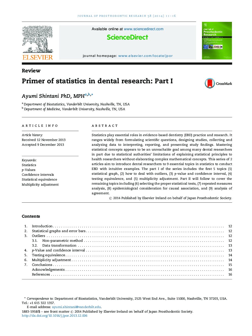 Primer of statistics in dental research: Part I