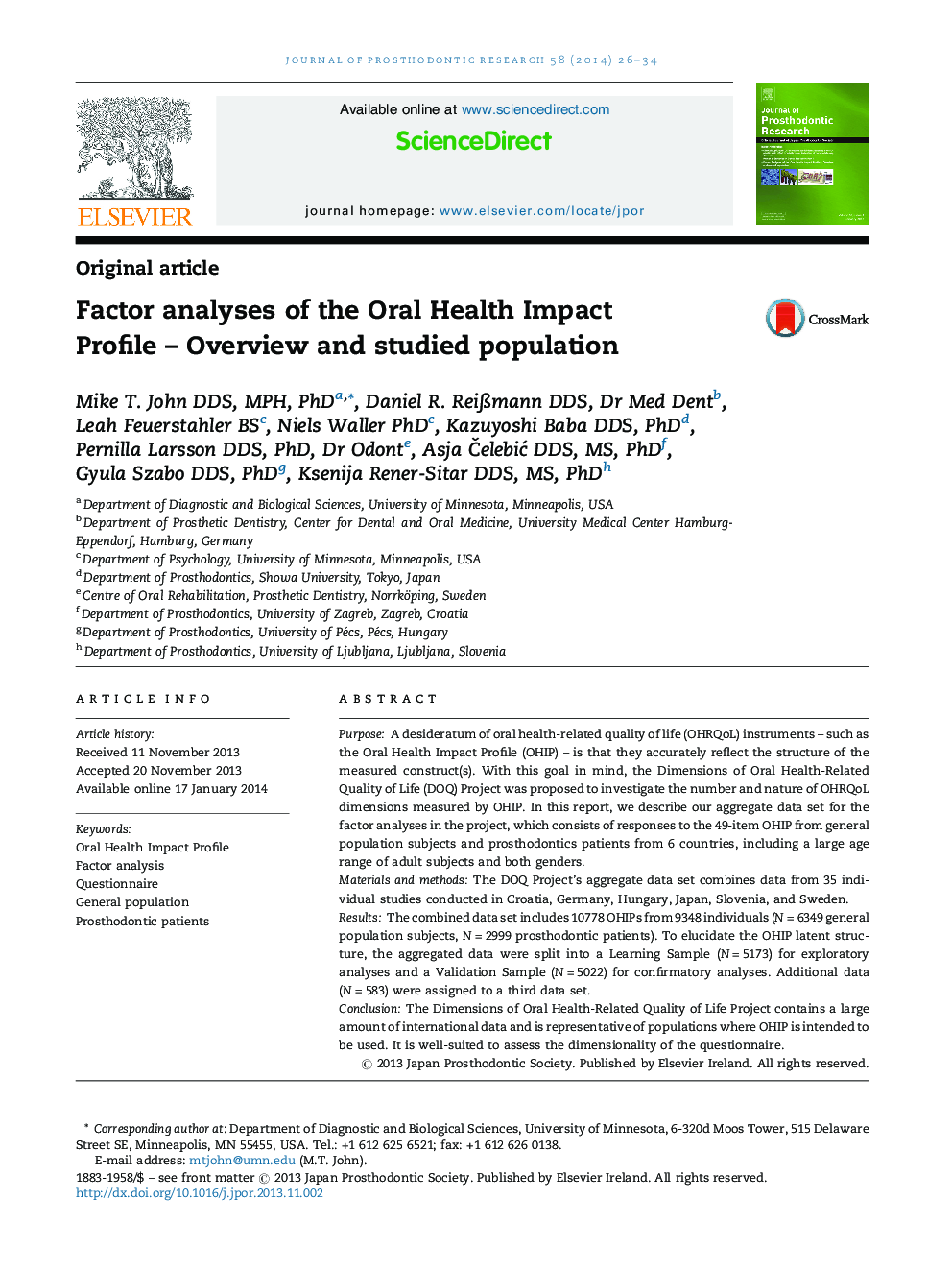 Factor analyses of the Oral Health Impact Profile - Overview and studied population
