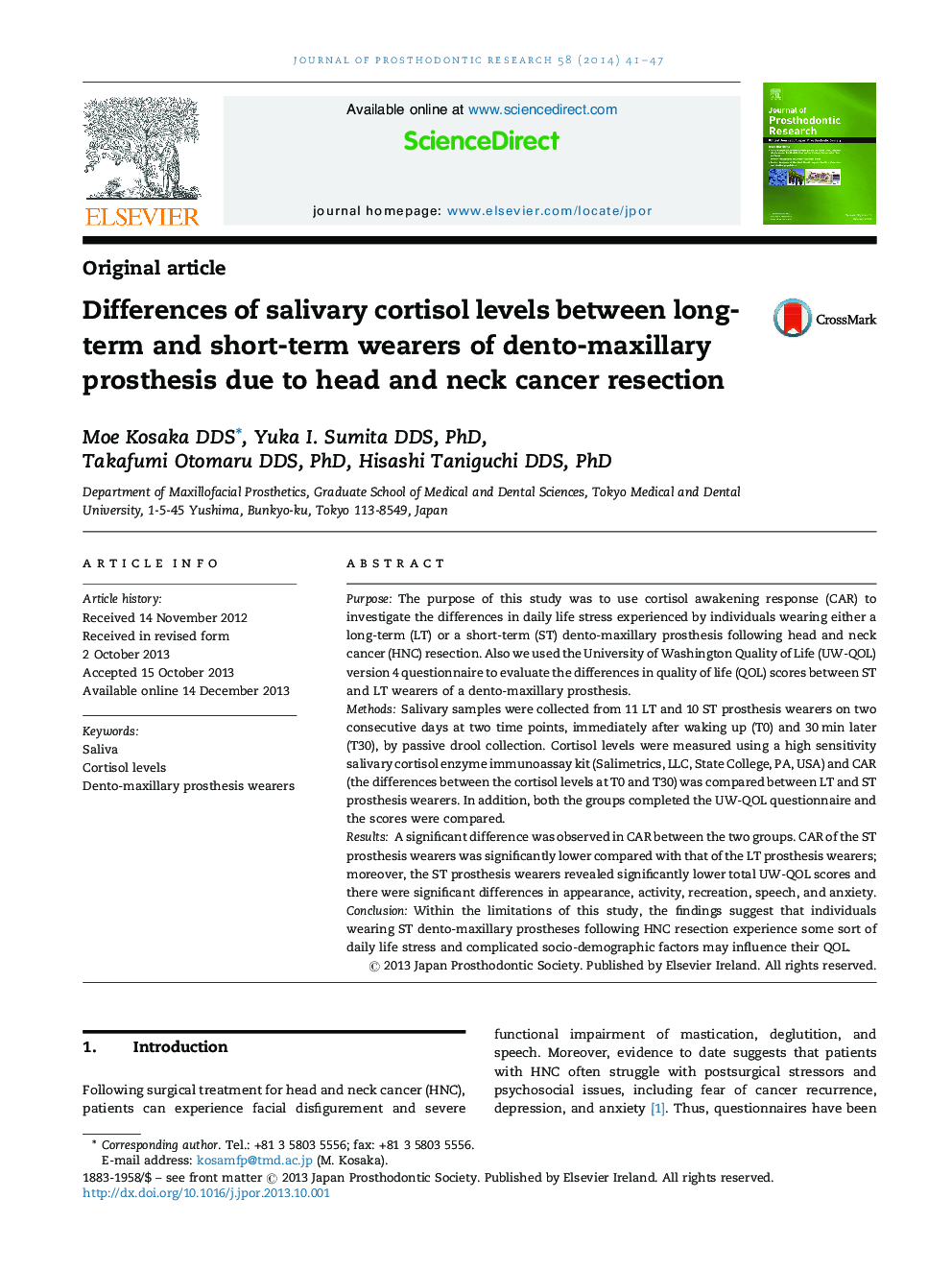 Differences of salivary cortisol levels between long-term and short-term wearers of dento-maxillary prosthesis due to head and neck cancer resection