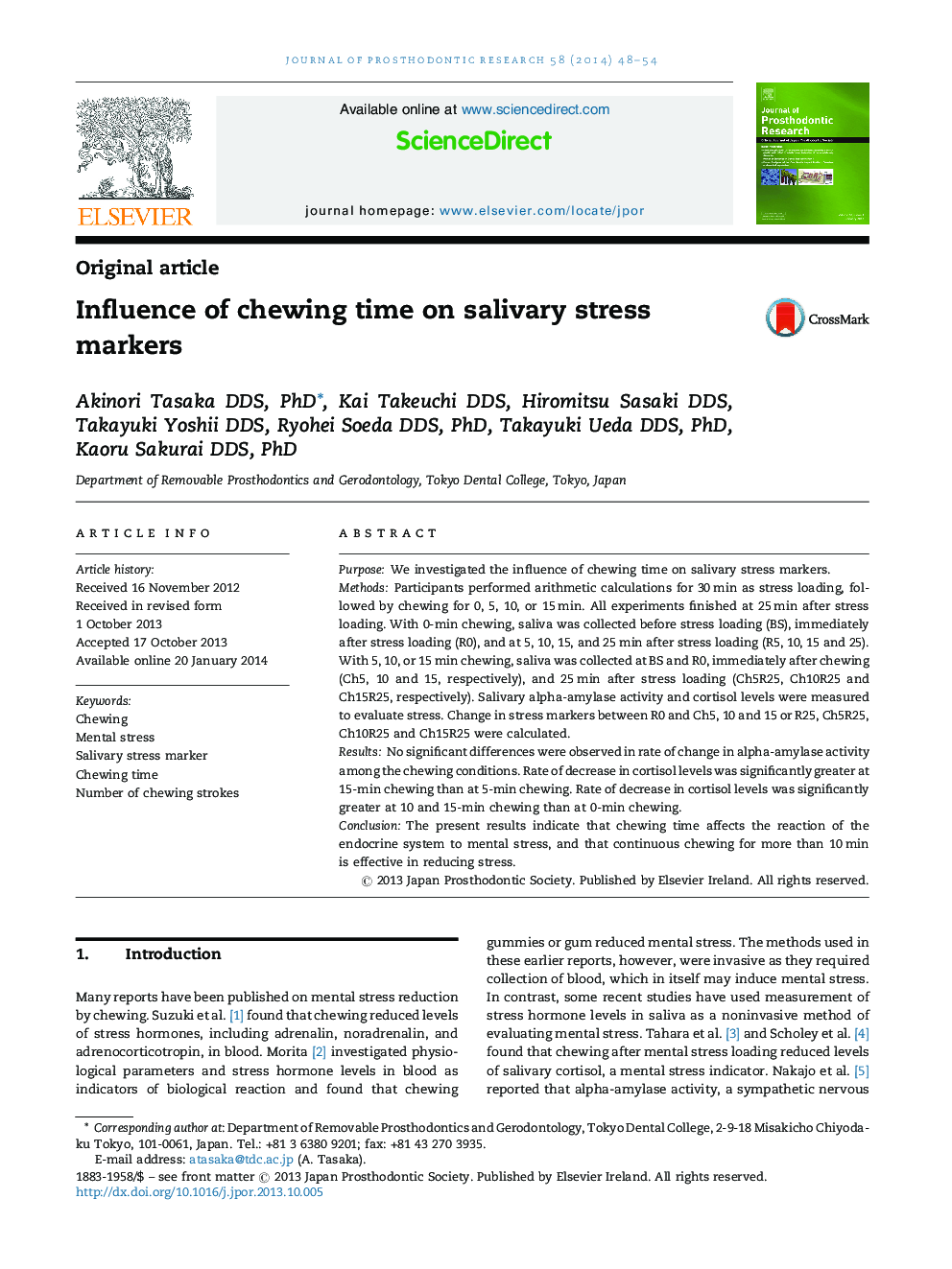 Influence of chewing time on salivary stress markers