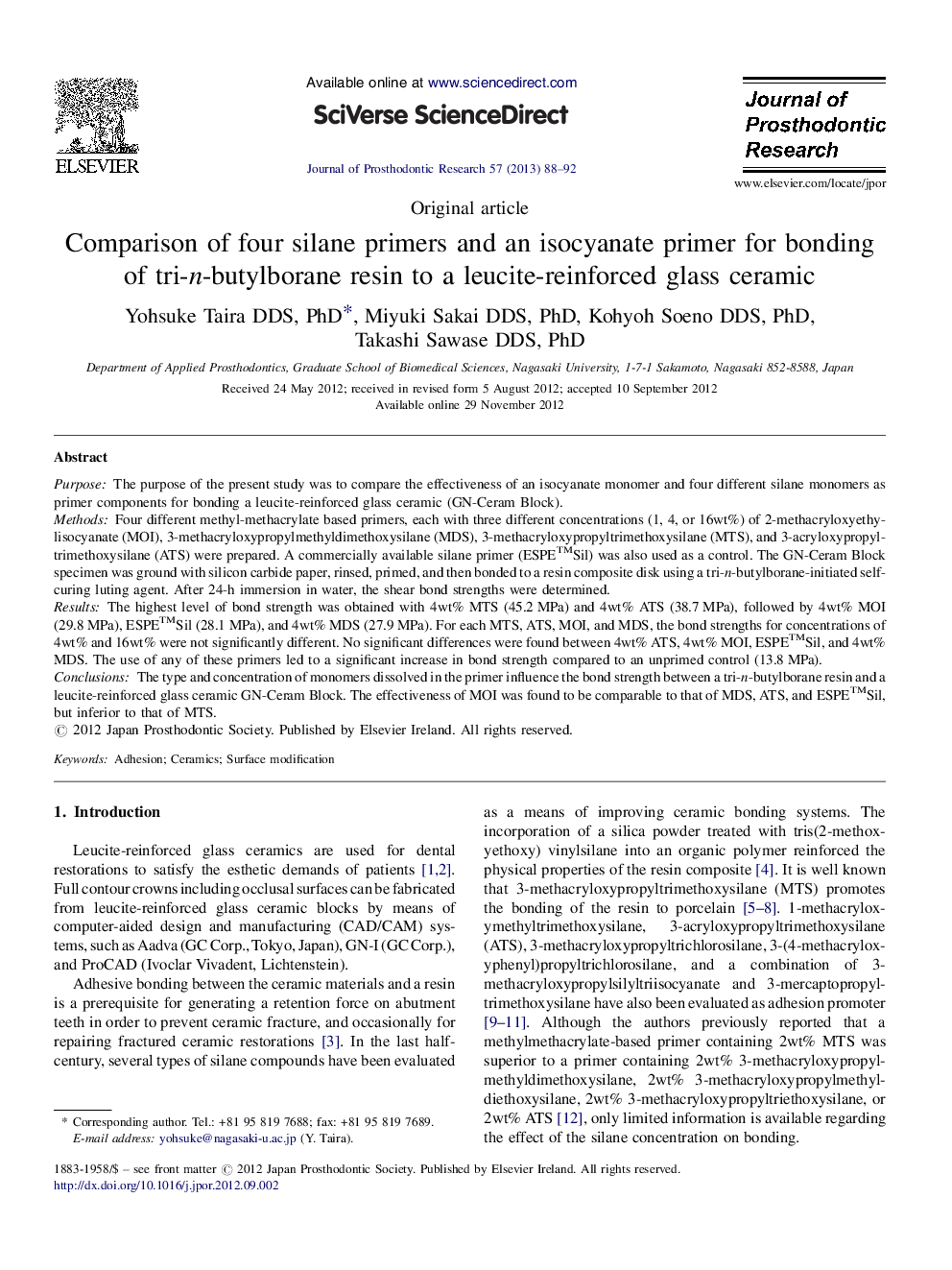 Comparison of four silane primers and an isocyanate primer for bonding of tri-n-butylborane resin to a leucite-reinforced glass ceramic