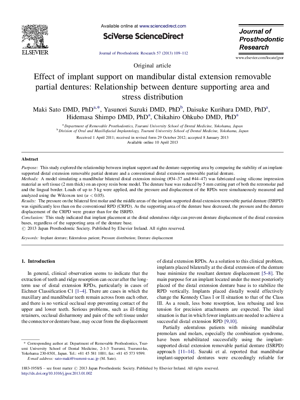 Effect of implant support on mandibular distal extension removable partial dentures: Relationship between denture supporting area and stress distribution