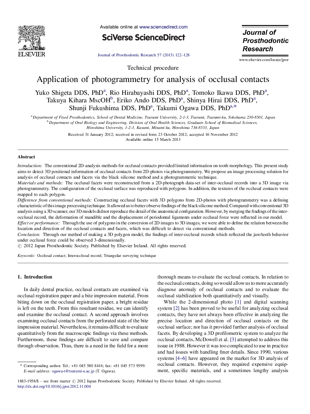 Application of photogrammetry for analysis of occlusal contacts