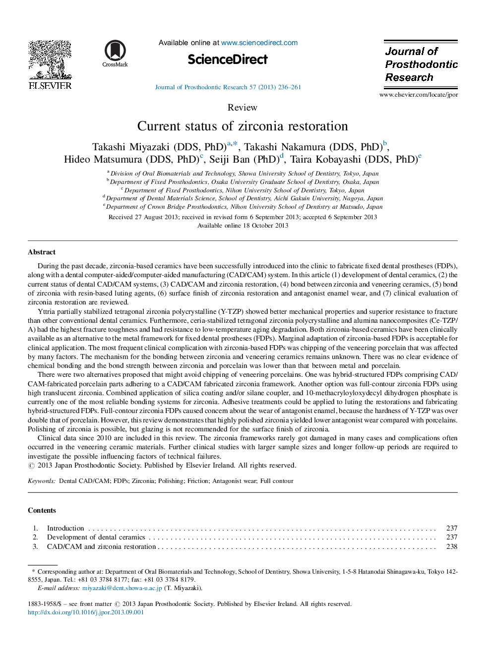 Current status of zirconia restoration