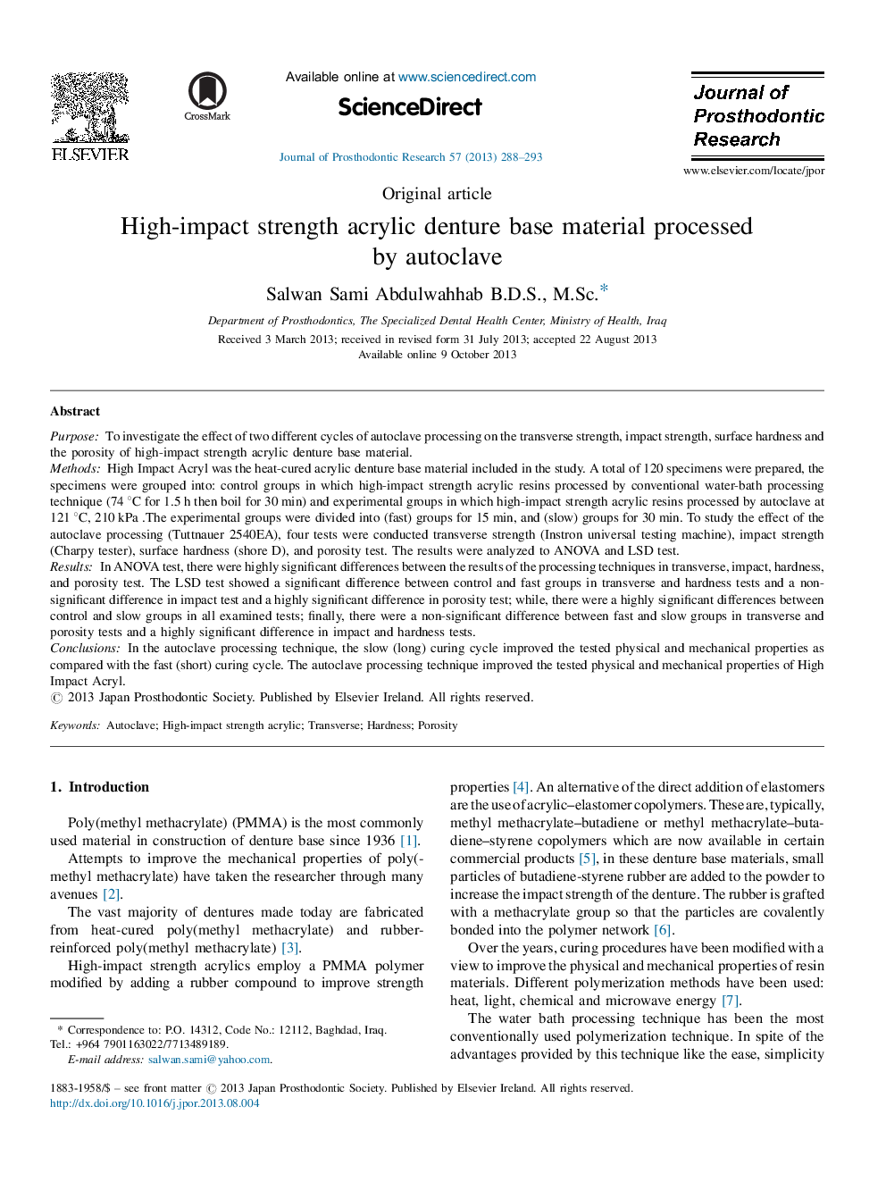 High-impact strength acrylic denture base material processed by autoclave