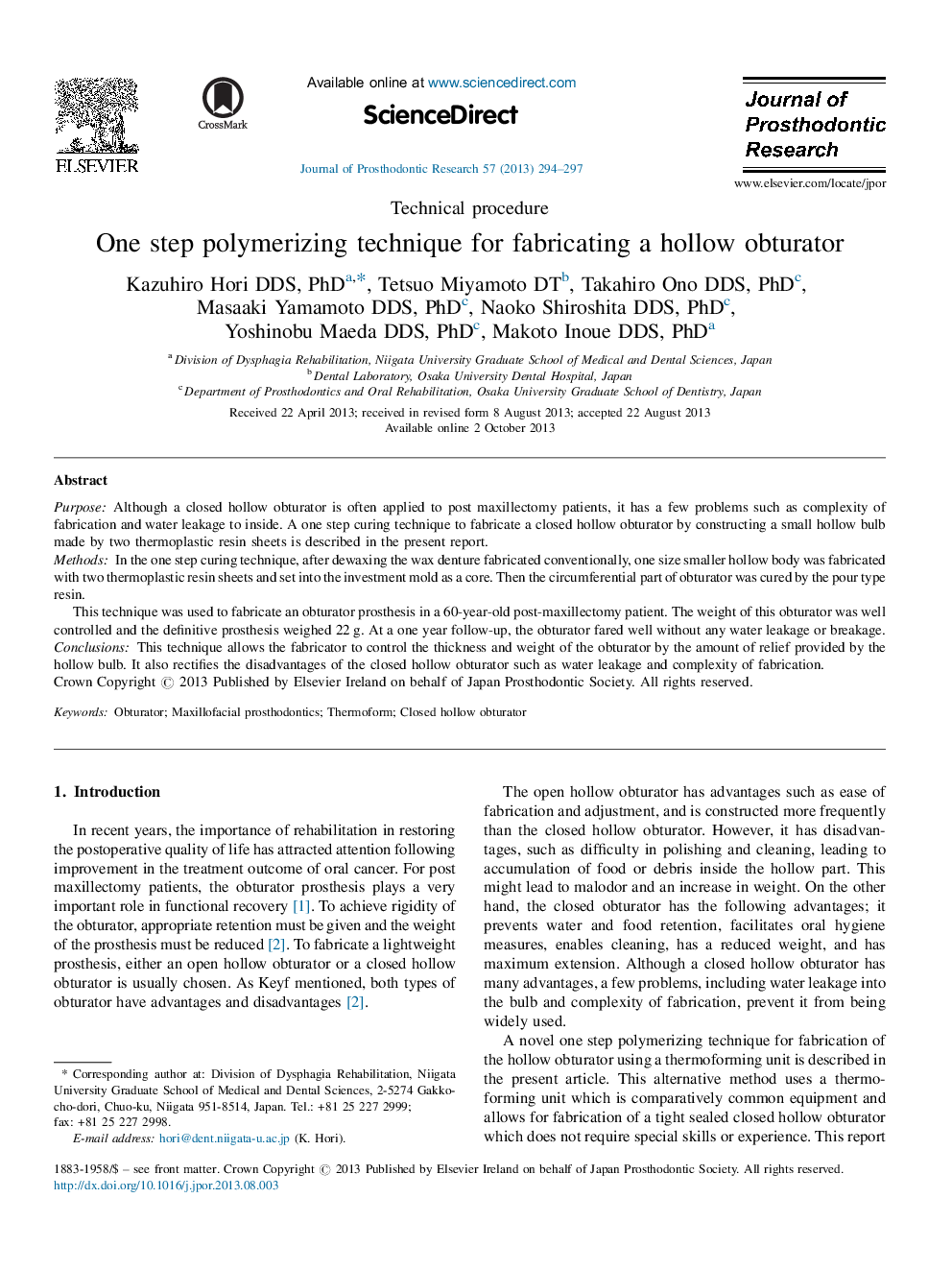 One step polymerizing technique for fabricating a hollow obturator