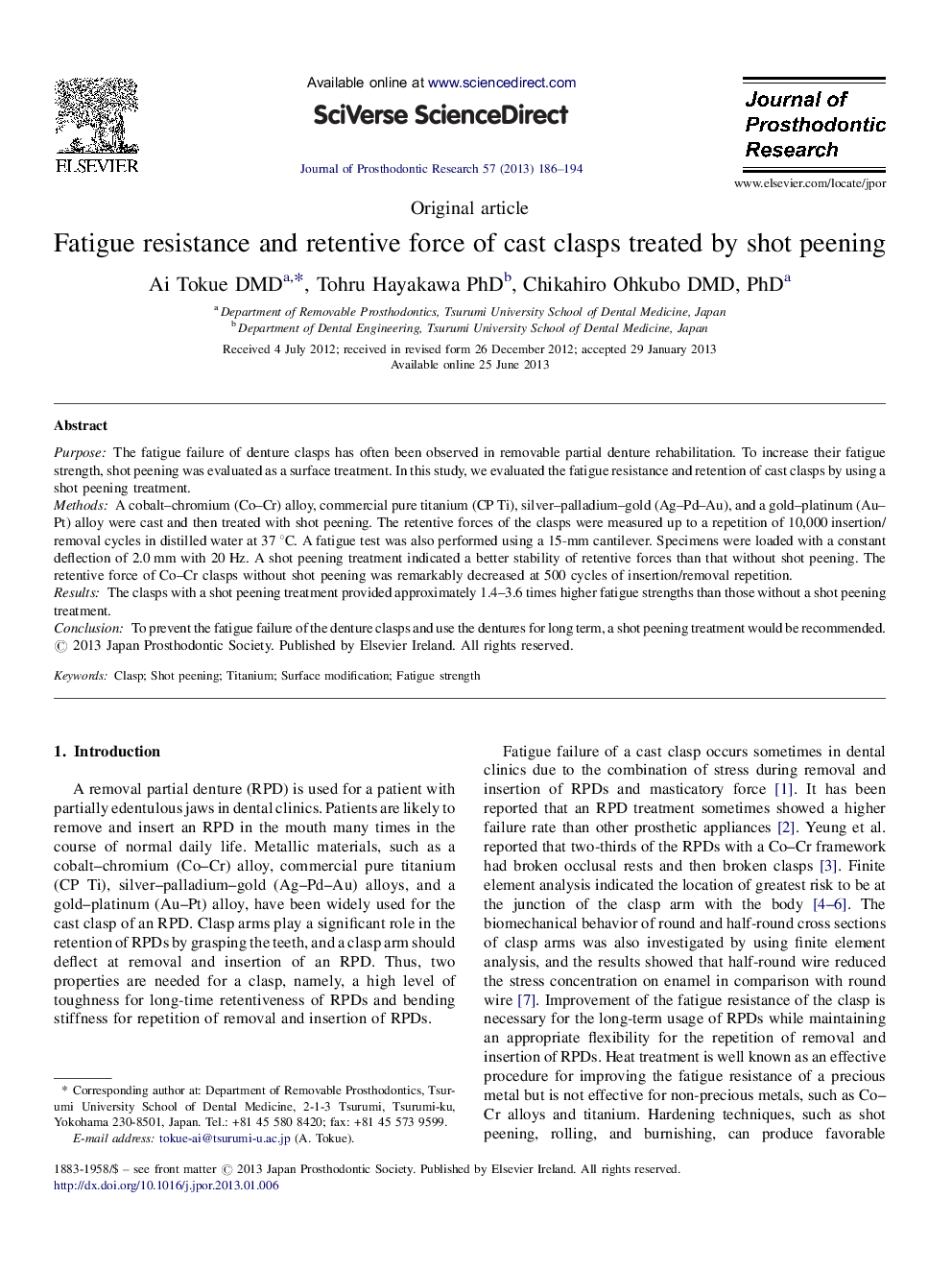 Fatigue resistance and retentive force of cast clasps treated by shot peening