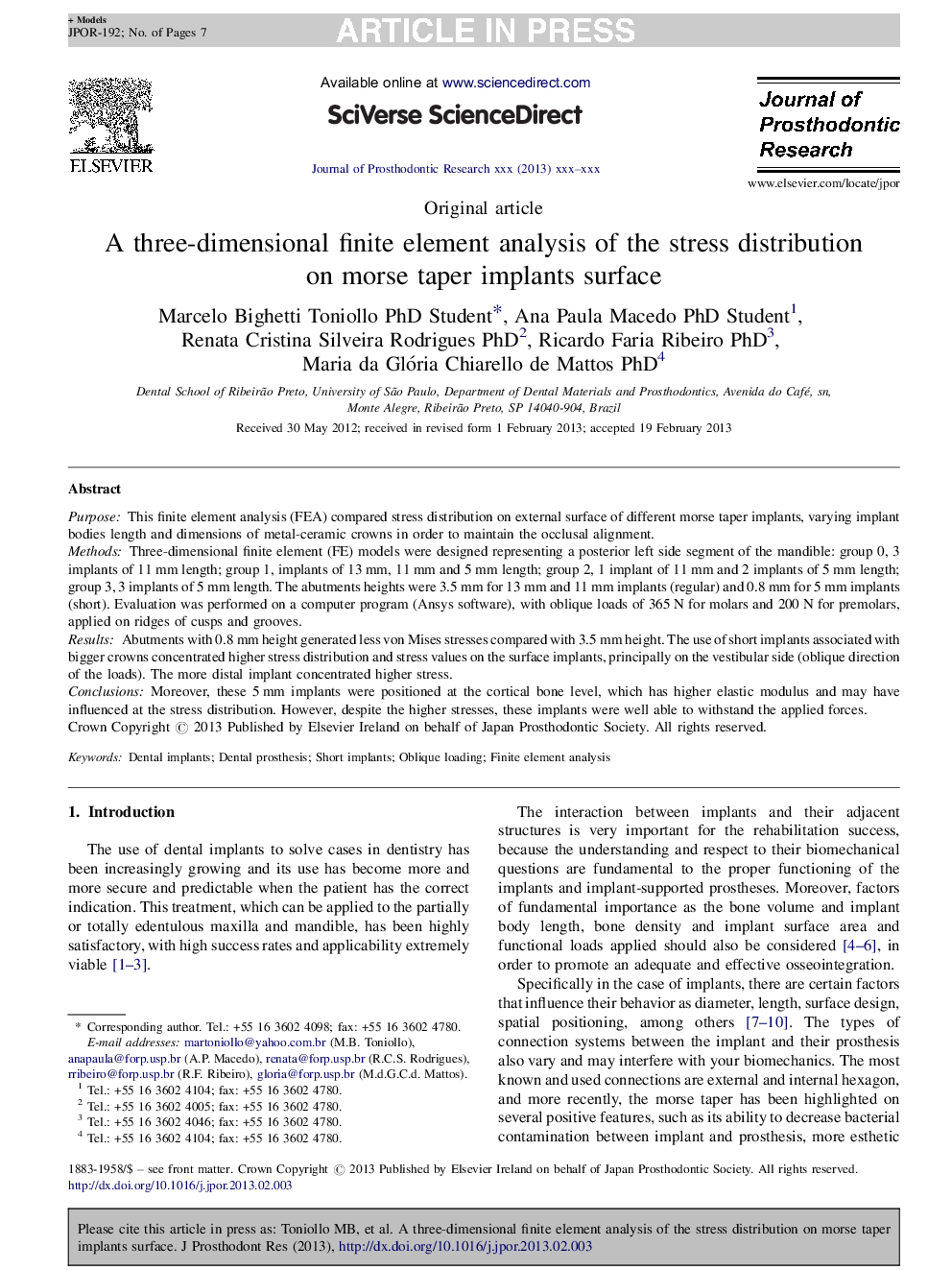 A three-dimensional finite element analysis of the stress distribution on morse taper implants surface