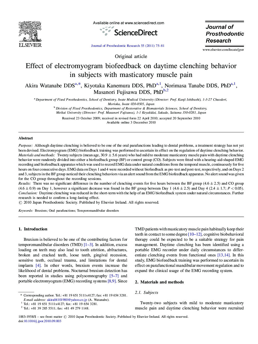 Effect of electromyogram biofeedback on daytime clenching behavior in subjects with masticatory muscle pain