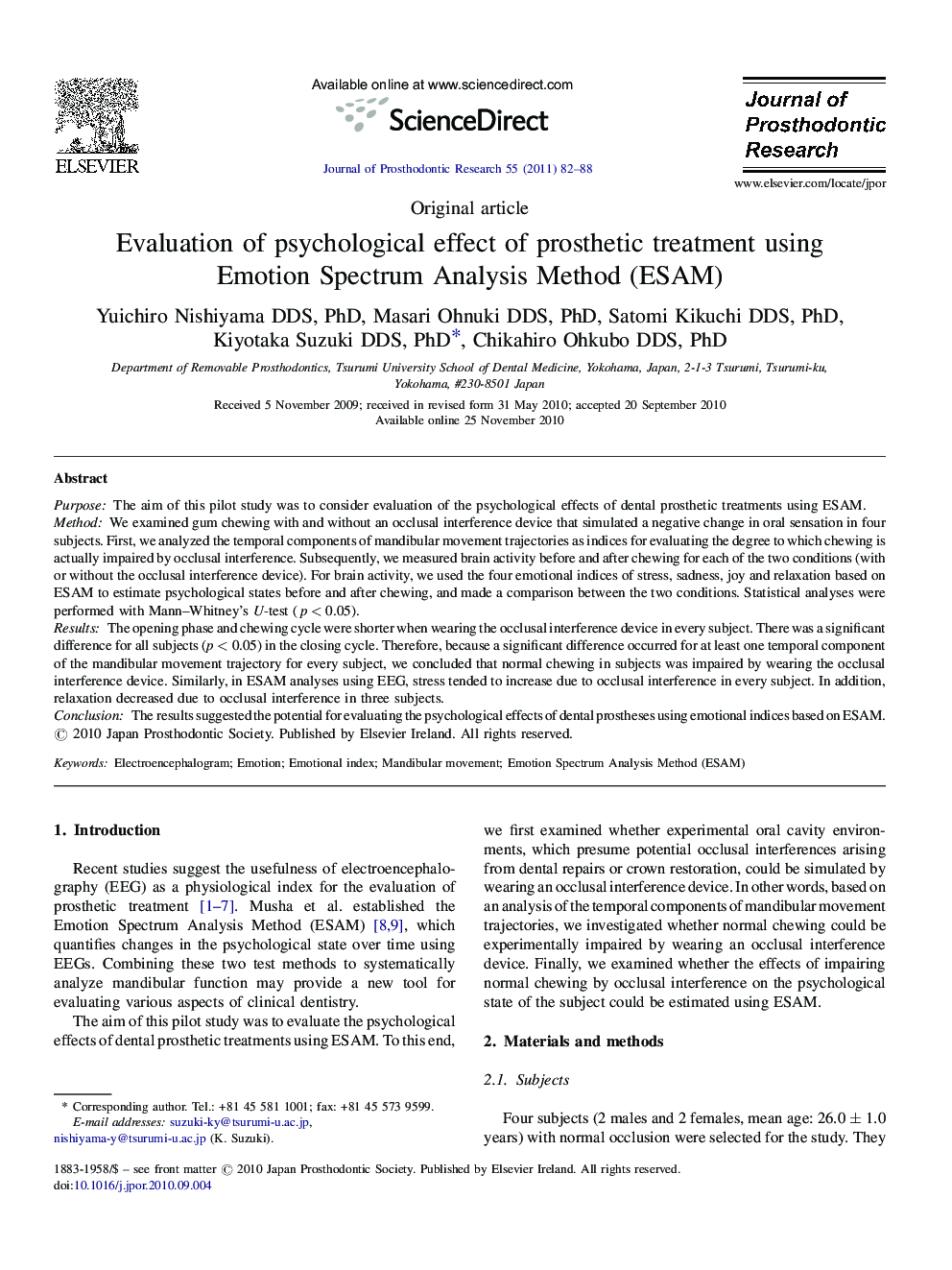 Evaluation of psychological effect of prosthetic treatment using Emotion Spectrum Analysis Method (ESAM)