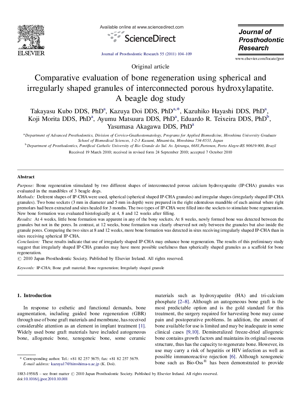 Comparative evaluation of bone regeneration using spherical and irregularly shaped granules of interconnected porous hydroxylapatite. A beagle dog study