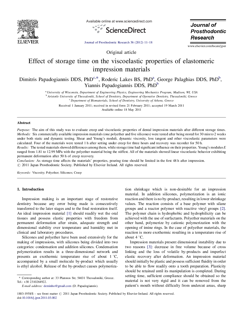 Effect of storage time on the viscoelastic properties of elastomeric impression materials