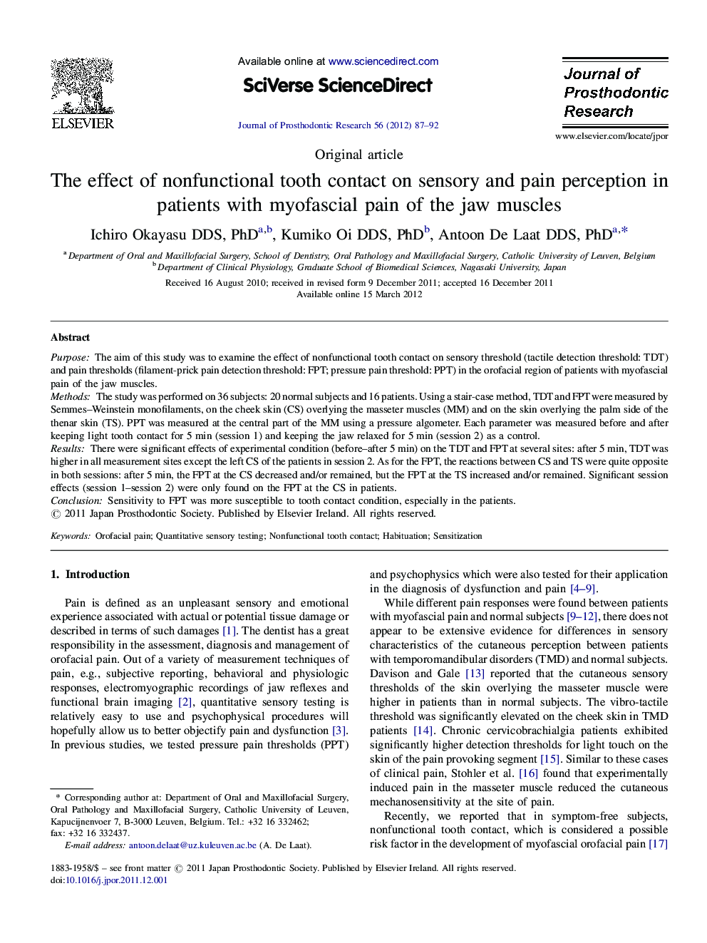 The effect of nonfunctional tooth contact on sensory and pain perception in patients with myofascial pain of the jaw muscles