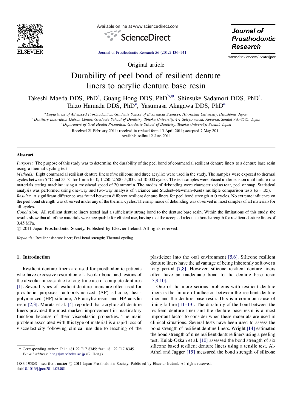 Durability of peel bond of resilient denture liners to acrylic denture base resin