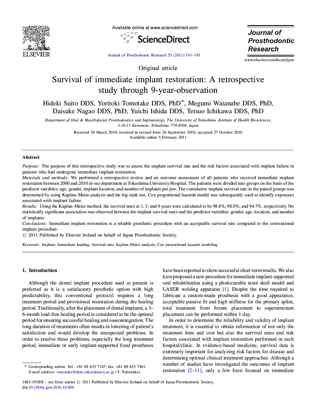 Survival of immediate implant restoration: A retrospective study through 9-year-observation