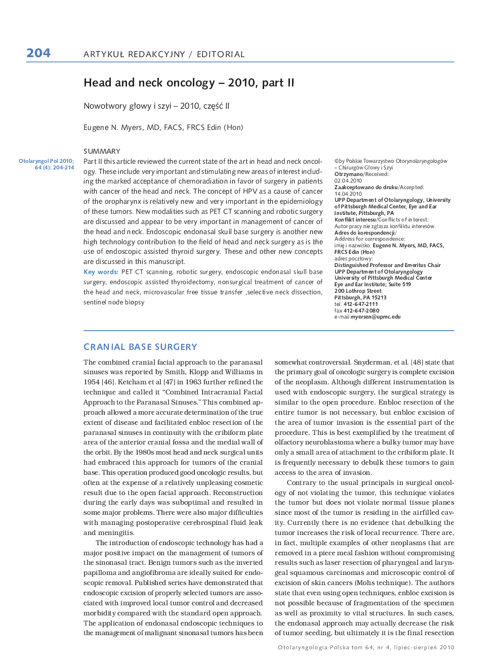 عکس صفحه اول مقاله: Head and neck oncology - 2010, part II Head and neck oncology - 2010, part II