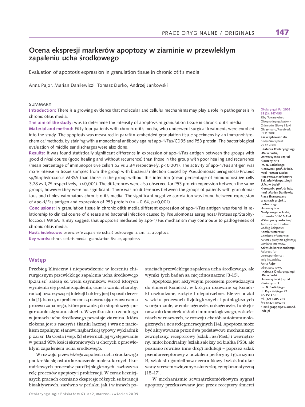Ocena ekspresji markerów apoptozy w ziarninie w przewlekÅym zapaleniu ucha Årodkowego
