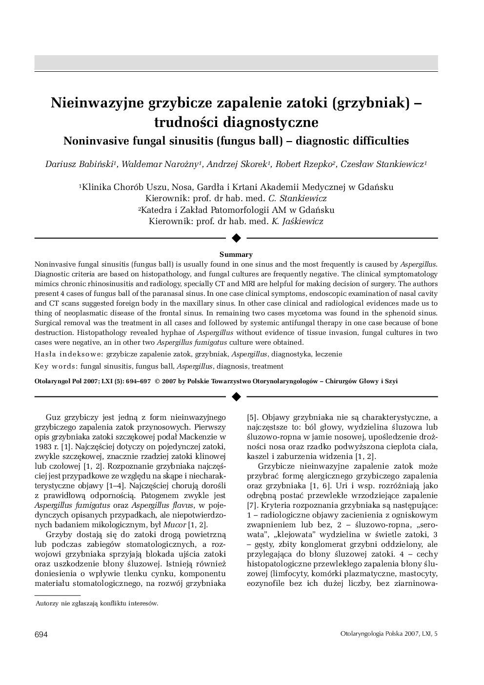 Nieinwazyjne grzybicze zapalenie zatoki (grzybniak) - trudnoÅci diagnostyczne