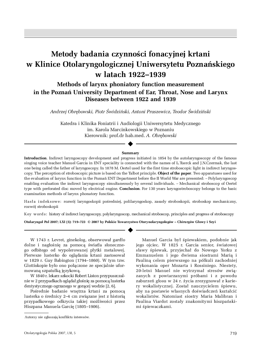 Metody badania czynnoÅci fonacyjnej krtani w Klinice Otolaryngologicznej Uniwersytetu PoznaÅskiego w latach 1922-1939