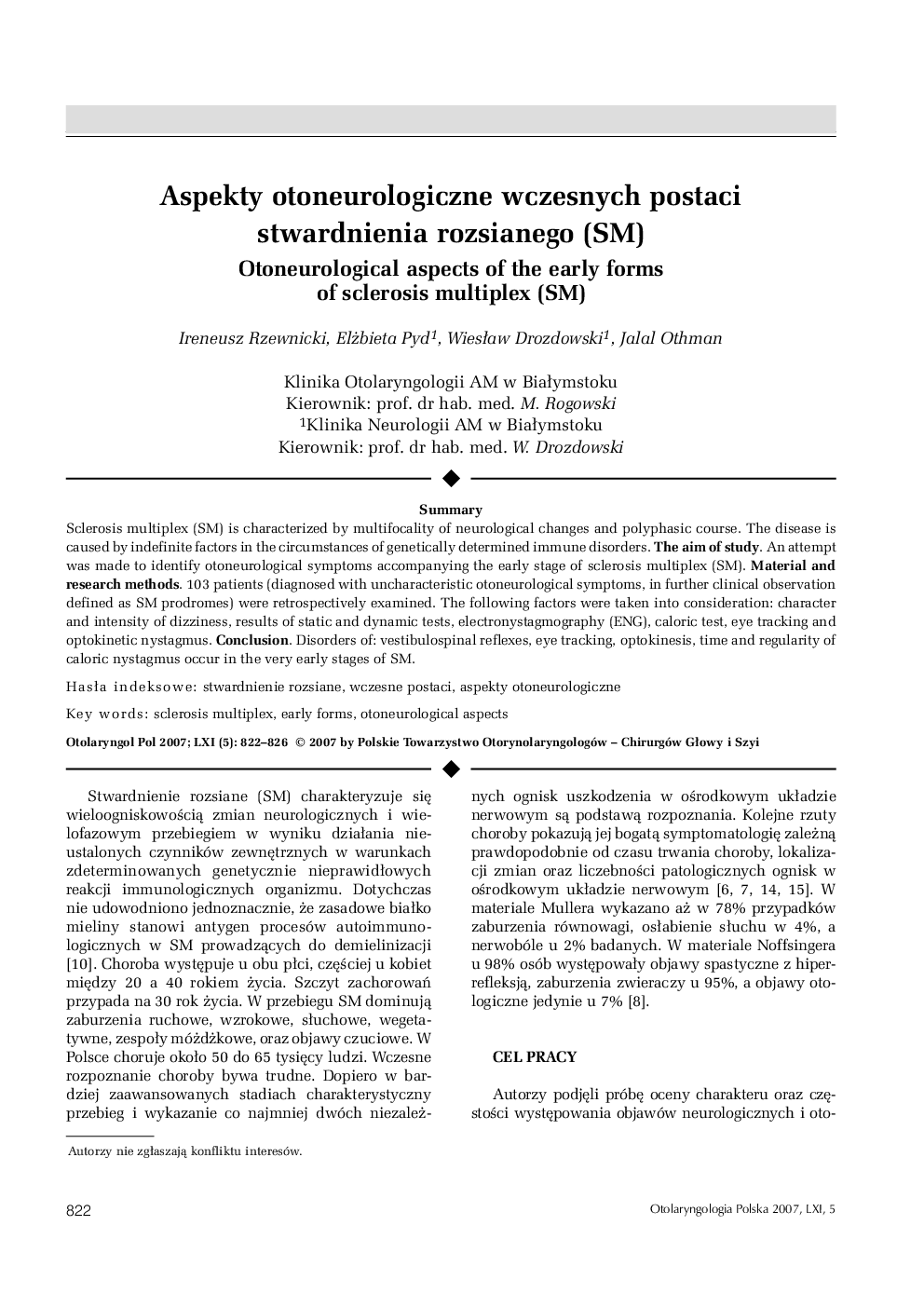 عکس صفحه اول مقاله: Aspekty otoneurologiczne wczesnych postaci stwardnienia rozsianego (SM) Aspekty otoneurologiczne wczesnych postaci stwardnienia rozsianego (SM)