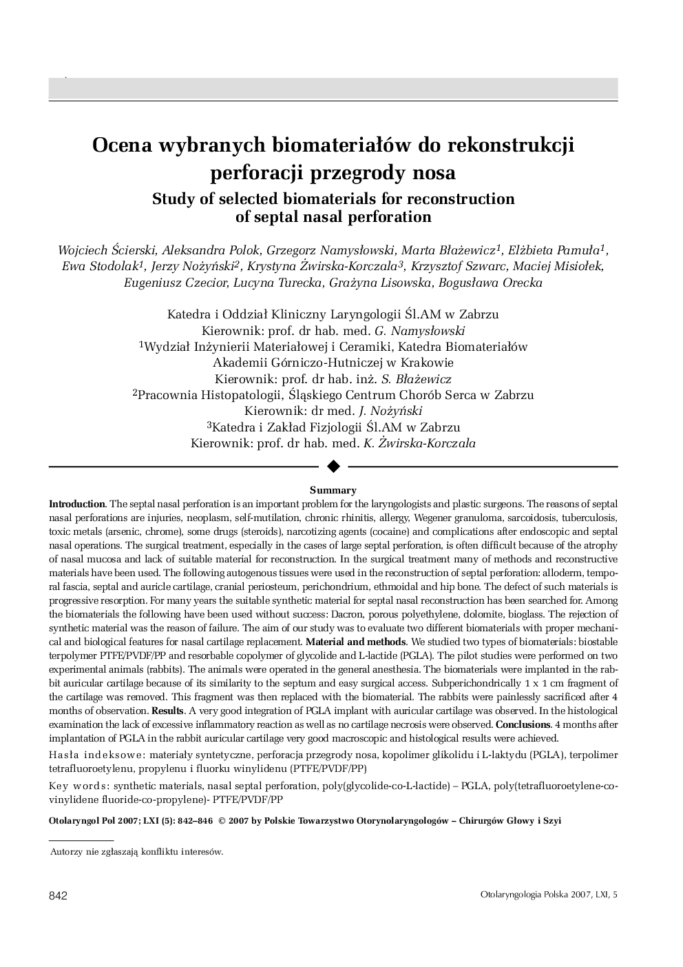 Ocena wybranych biomateriaÅów do rekonstrukcji perforacji przegrody nosa