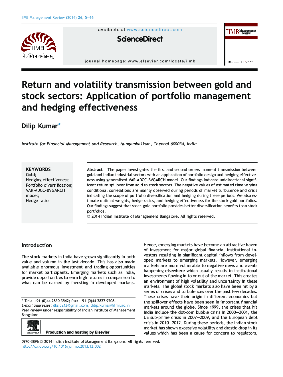 Return and volatility transmission between gold and stock sectors: Application of portfolio management and hedging effectiveness