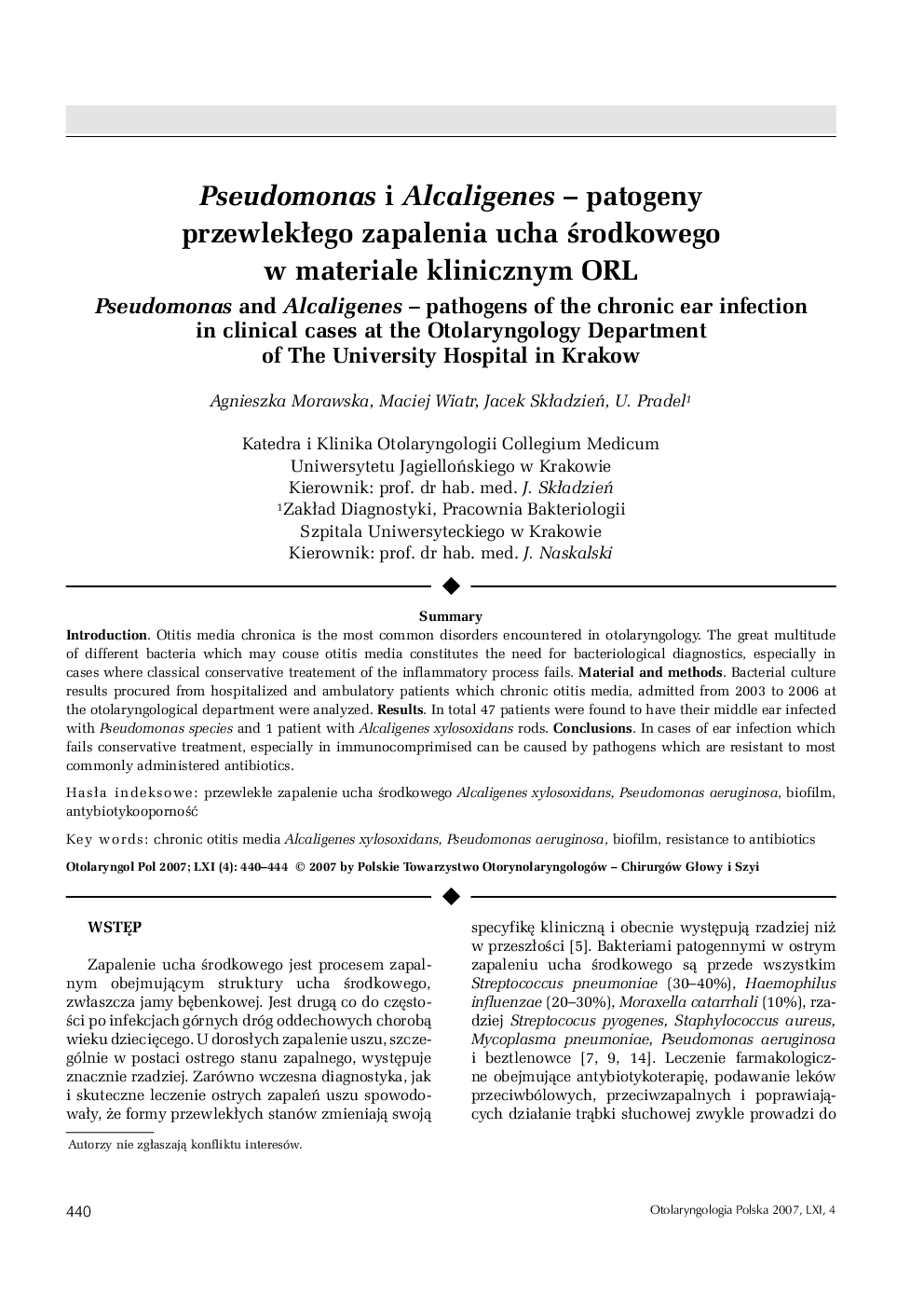 Pseudomonas i Alcaligenes - patogeny przewlekÅego zapalenia ucha Årodkowego w materiale klinicznym ORL