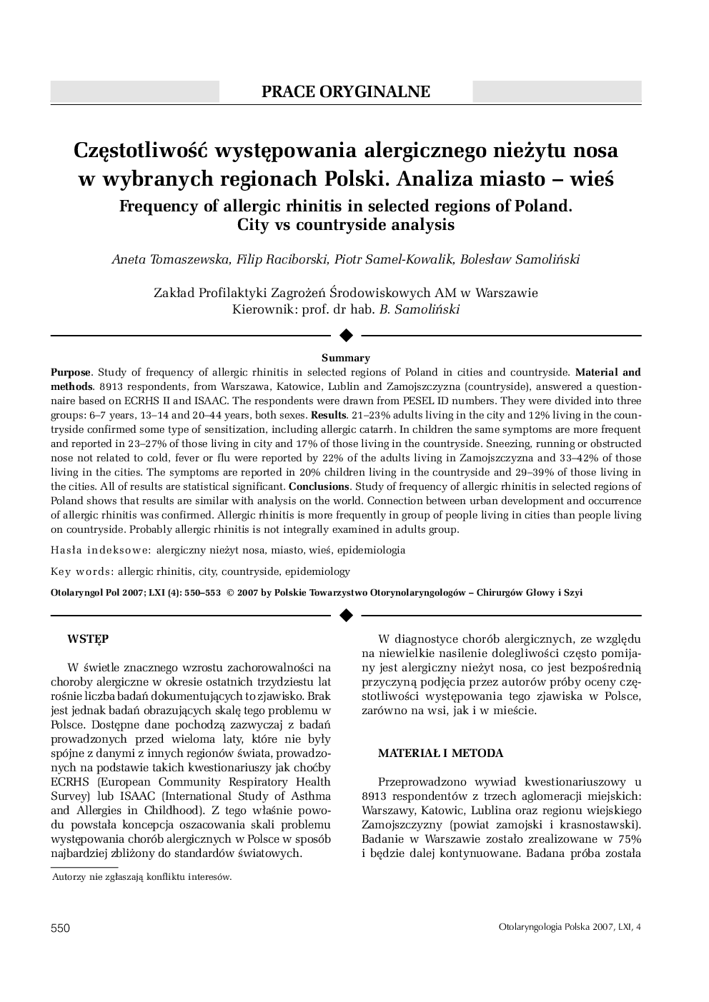 CzÄstotliwoÅÄ wystÄpowania alergicznego nieÅ¼ytu nosa w wybranych regionach Polski. Analiza miasto - wieÅ