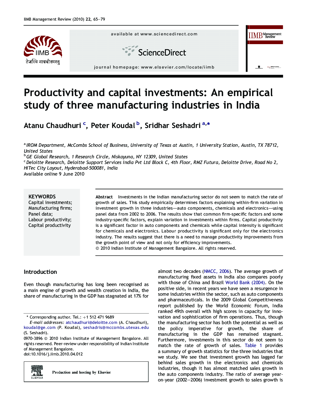 Productivity and capital investments: An empirical study of three manufacturing industries in India