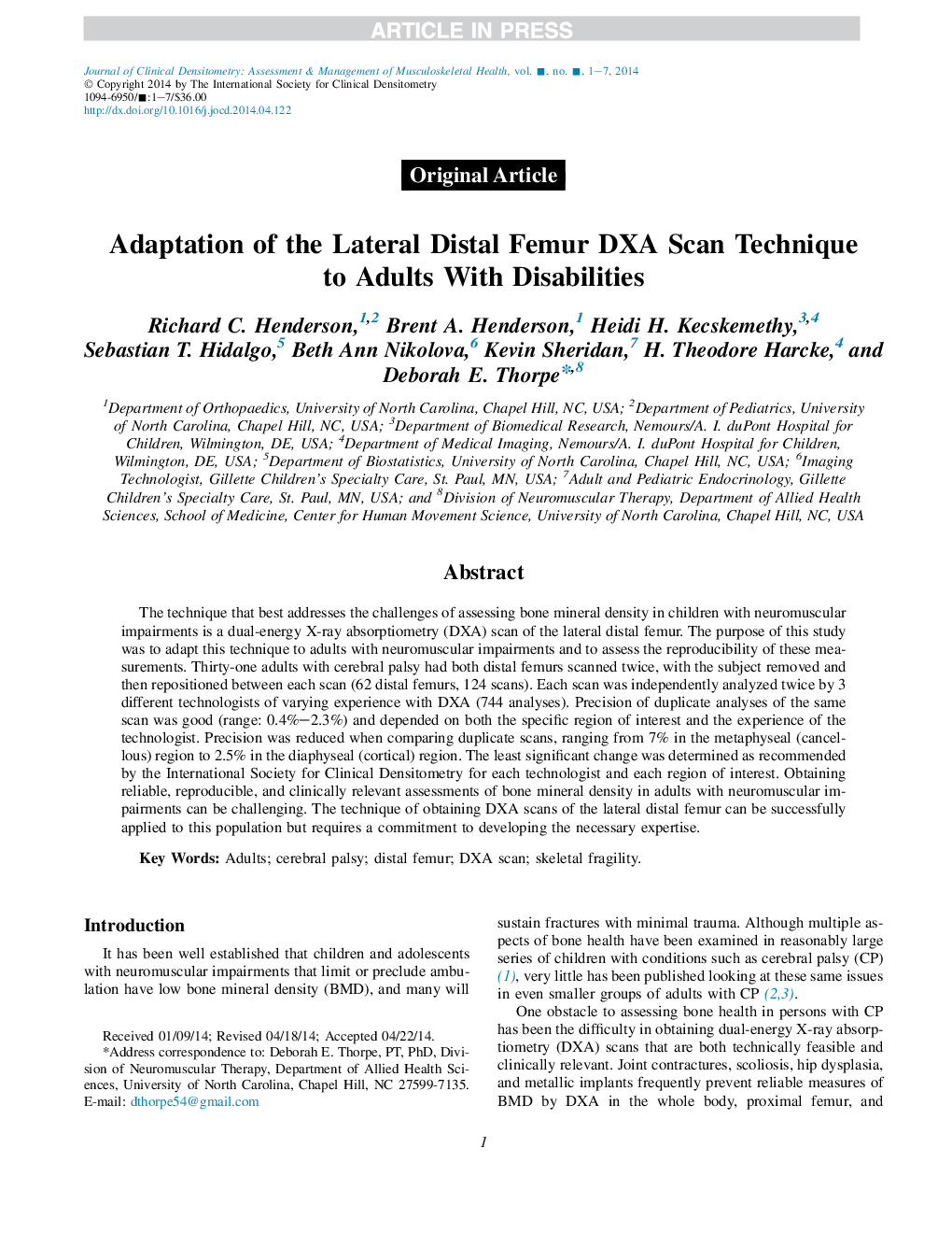 Adaptation of the Lateral Distal Femur DXA Scan Technique to Adults With Disabilities