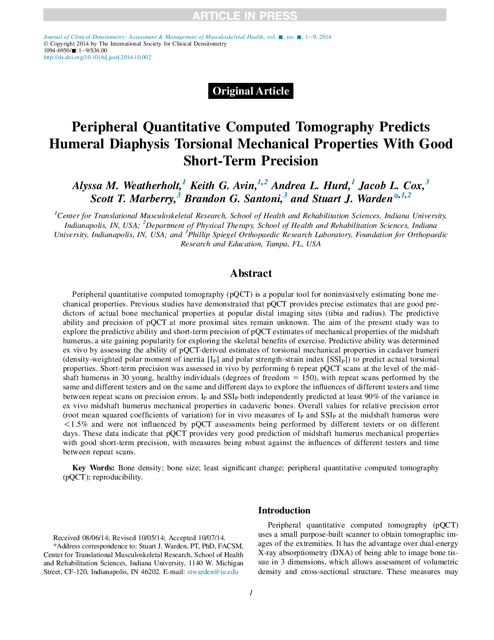 Peripheral Quantitative Computed Tomography Predicts Humeral Diaphysis Torsional Mechanical Properties With Good Short-Term Precision