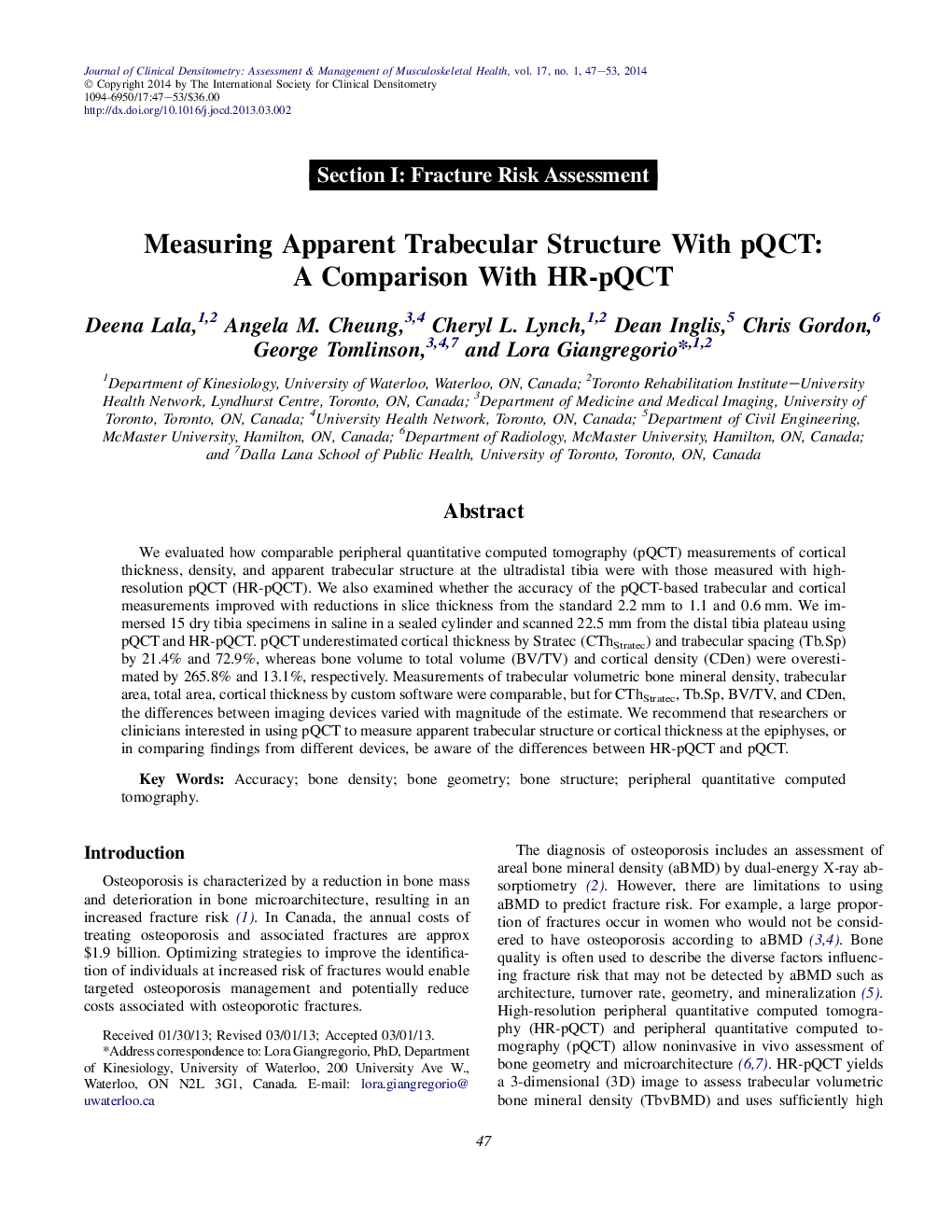 Measuring Apparent Trabecular Structure With pQCT: A Comparison With HR-pQCT