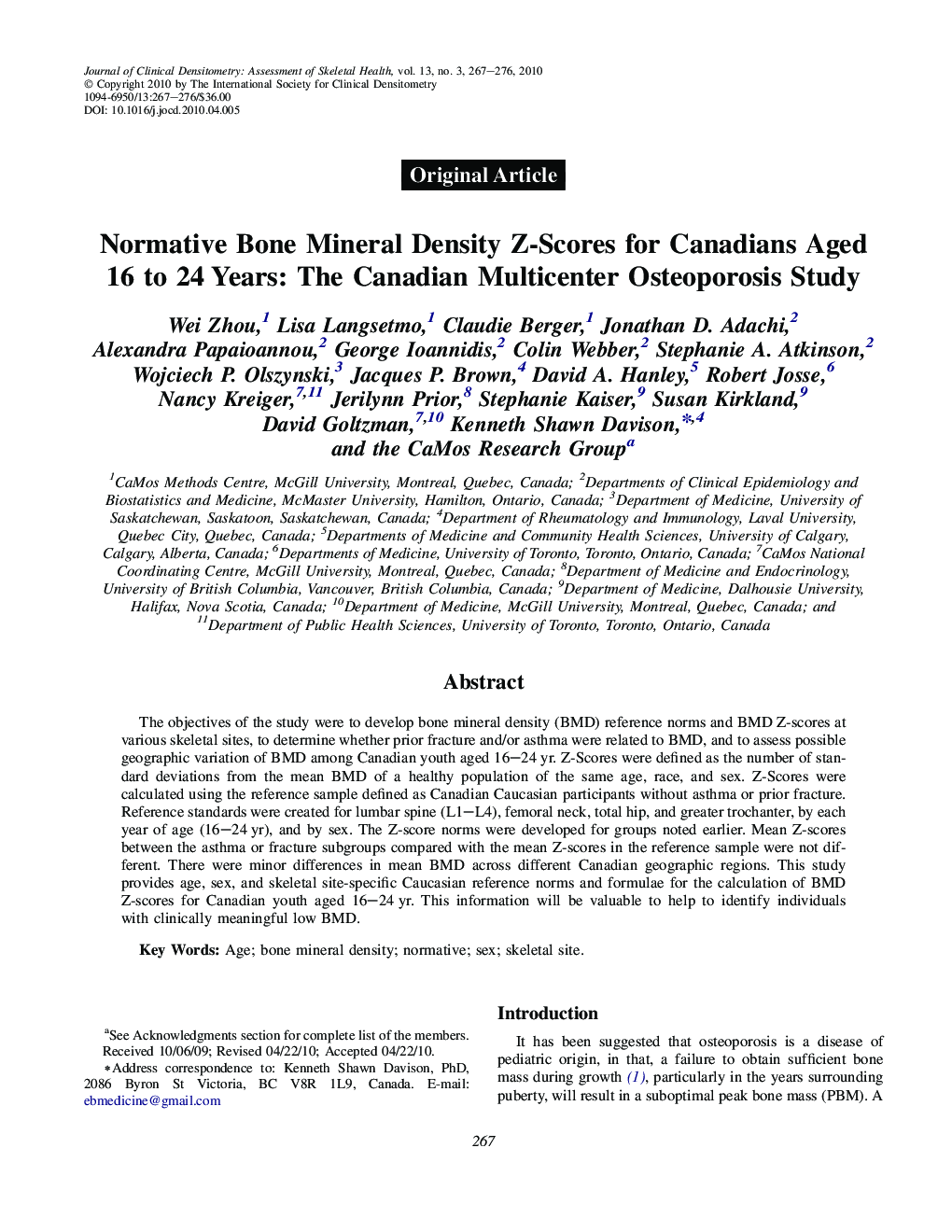 Normative Bone Mineral Density Z-Scores for Canadians Aged 16 to 24 Years: The Canadian Multicenter Osteoporosis Study