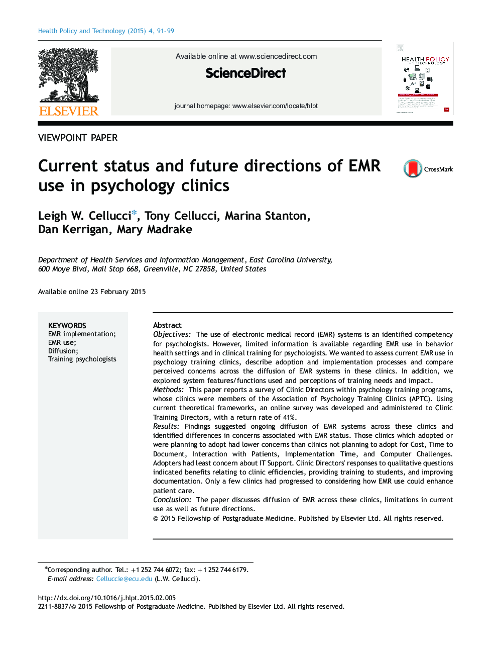 Current status and future directions of EMR use in psychology clinics