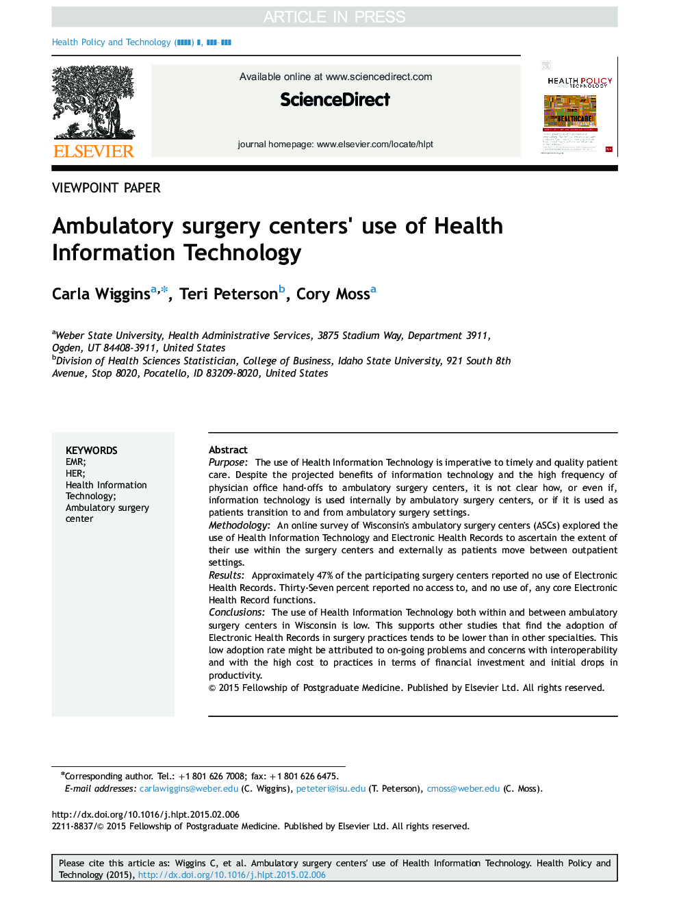 Ambulatory surgery centers×³ use of Health Information Technology