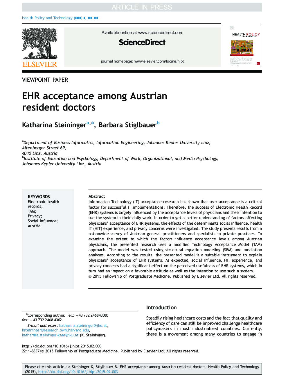 EHR acceptance among Austrian resident doctors