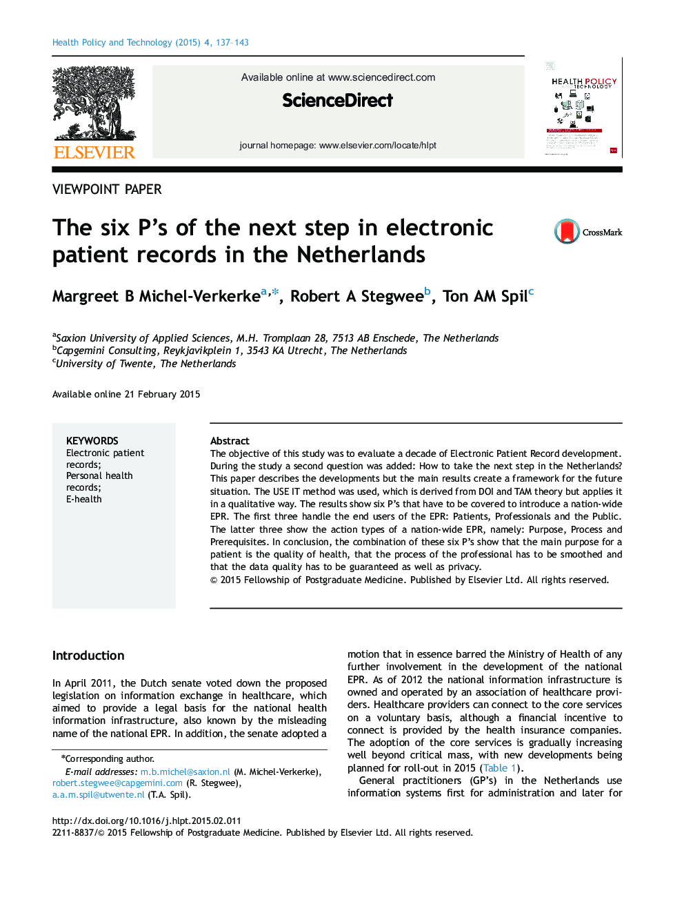 The six P's of the next step in electronic patient records in the Netherlands