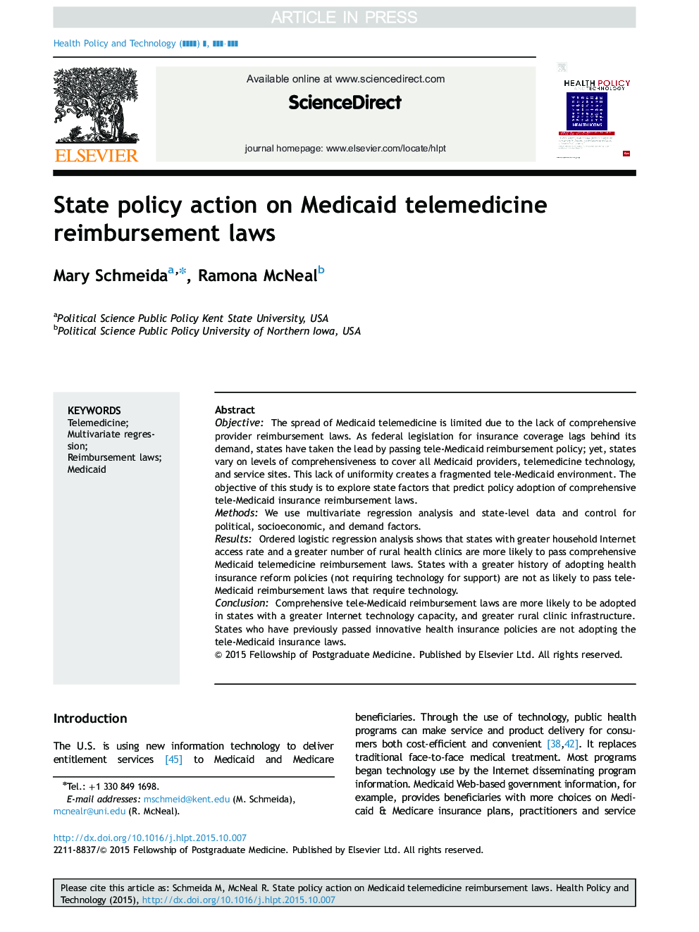 State policy action on Medicaid telemedicine reimbursement laws