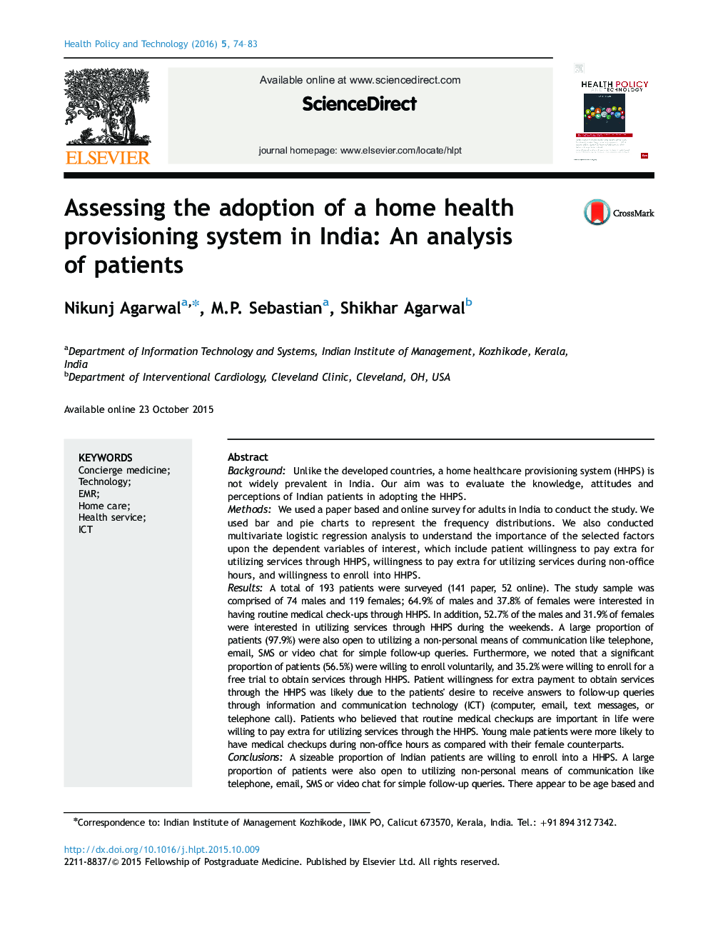 Assessing the adoption of a home health provisioning system in India: An analysis of patients