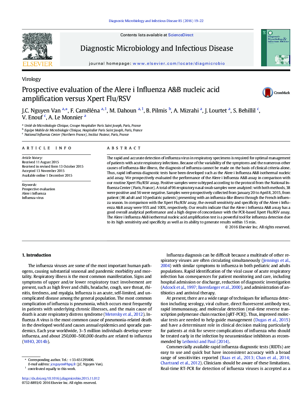 Prospective evaluation of the Alere i Influenza A&B nucleic acid amplification versus Xpert Flu/RSV