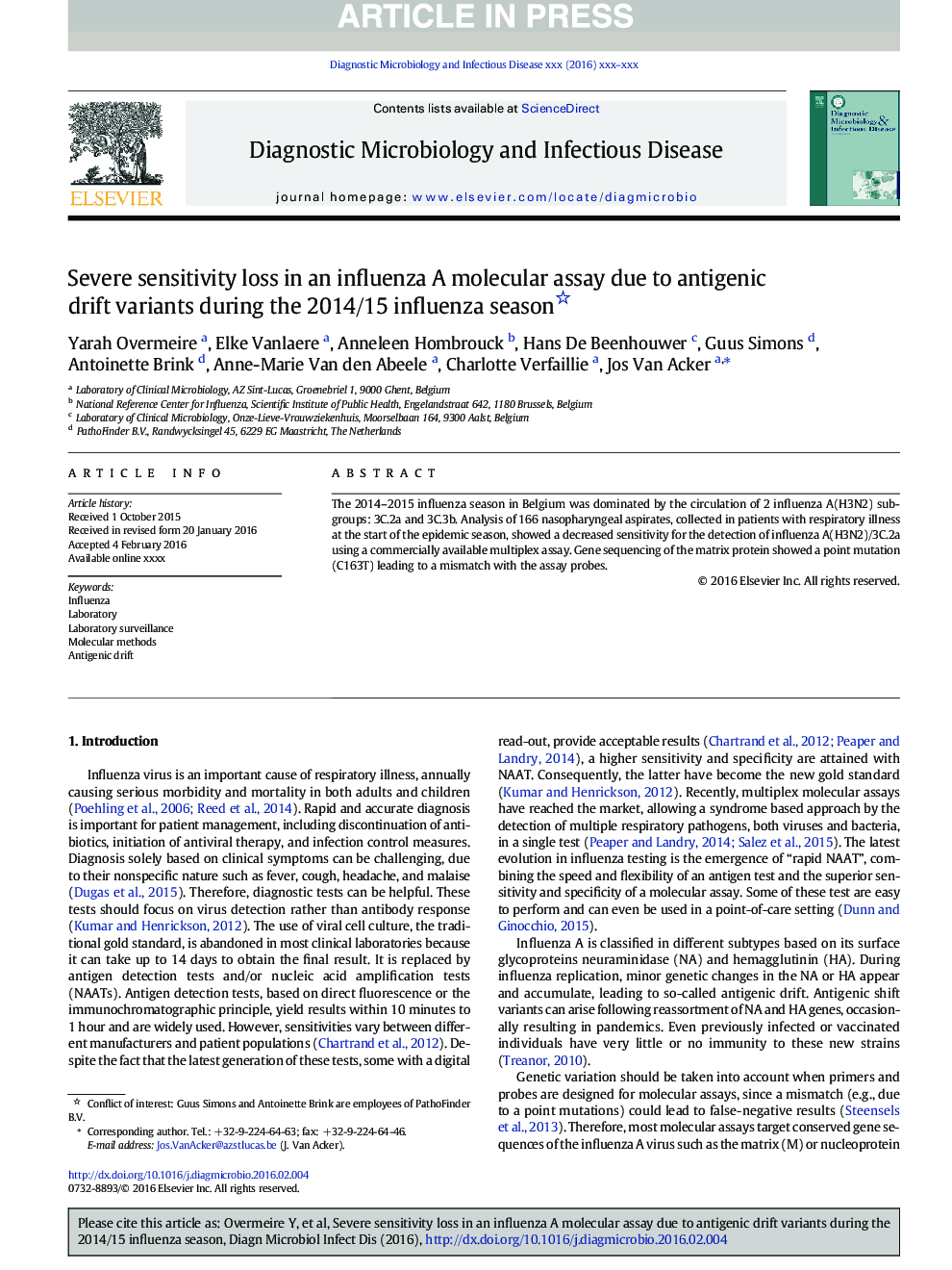 Severe sensitivity loss in an influenza A molecular assay due to antigenic drift variants during the 2014/15 influenza season