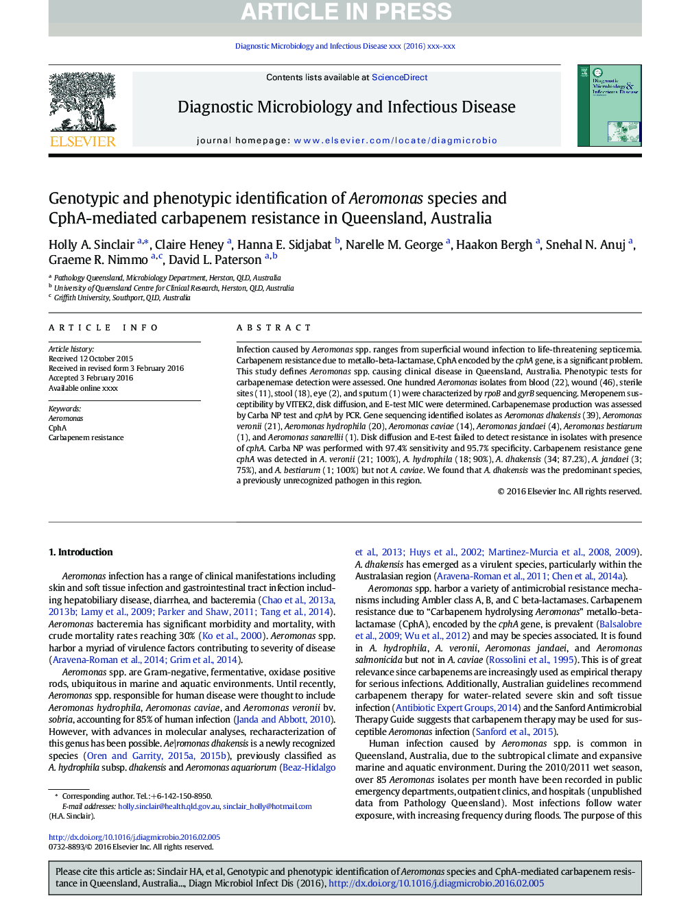 Genotypic and phenotypic identification of Aeromonas species and CphA-mediated carbapenem resistance in Queensland, Australia