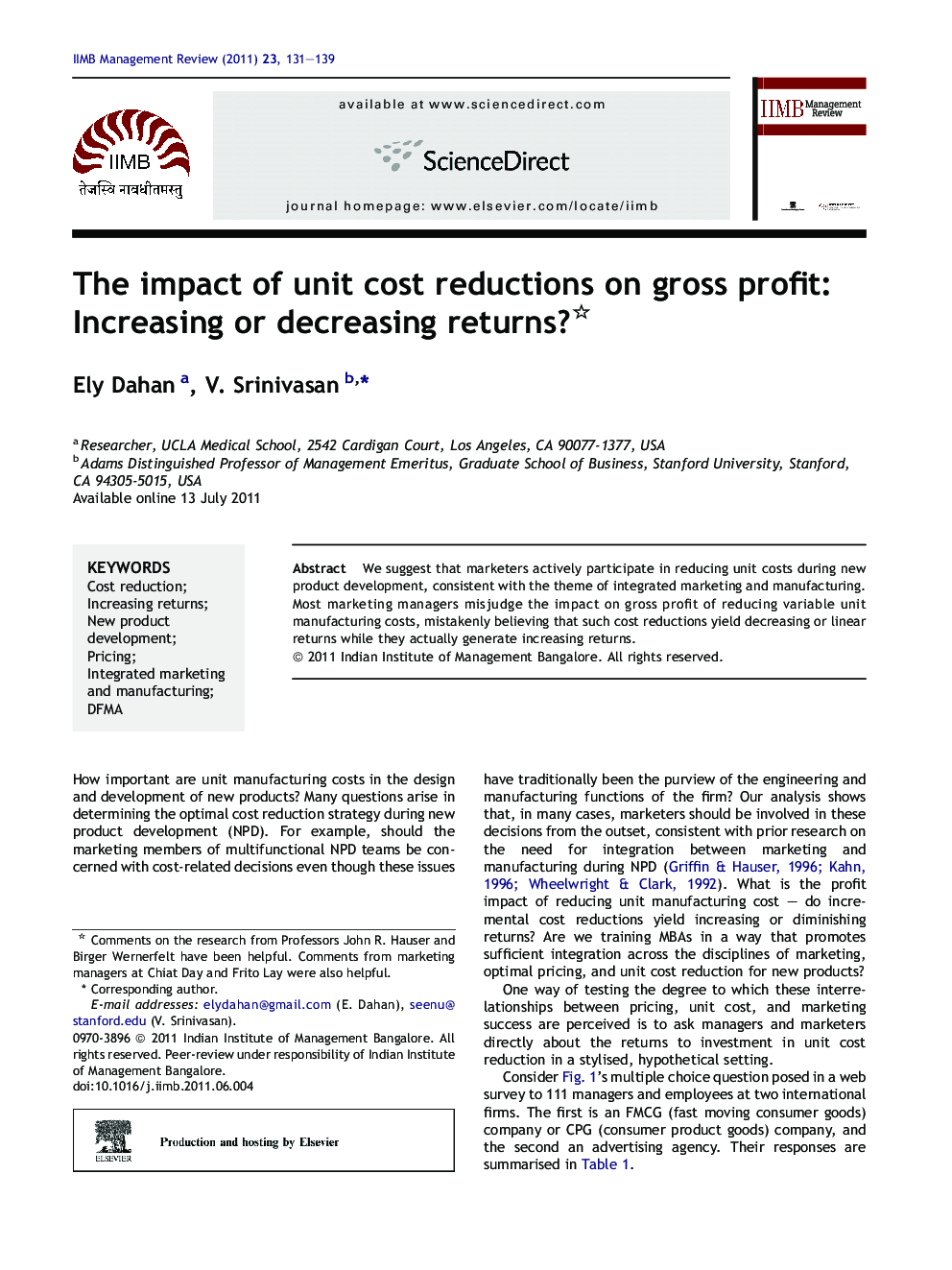 عکس صفحه اول مقاله: The impact of unit cost reductions on gross profit: Increasing or decreasing returns? The impact of unit cost reductions on gross profit: Increasing or decreasing returns?
